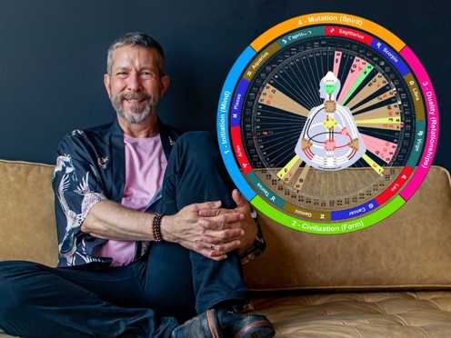Man sitting on a leather sofa smiling with a human design mandala in the background.