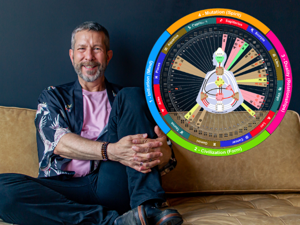 Man sitting on a leather sofa smiling with a human design mandala in the background.
